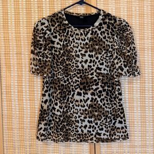 A...Love‎ Story Leopard Print Mesh Puff Sleeve Top Brown Black Size Large Boho